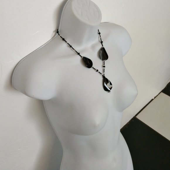 Black Beaded Statement Necklace With Agate Teardrop Pendants Handmade 19 Inches - Picture 7 of 12